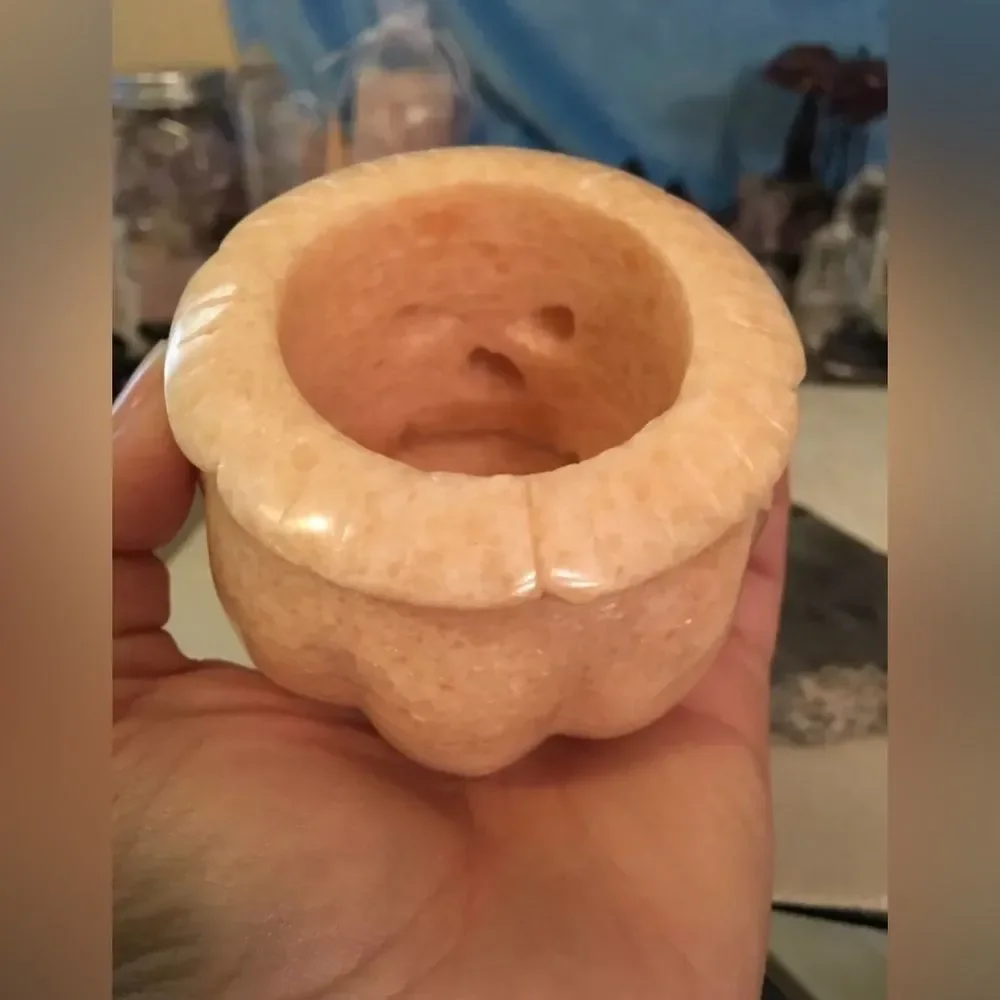 Hand Carved Sunstone Jack-o-lantern Pumpkin Crystal Candle Holder 358g